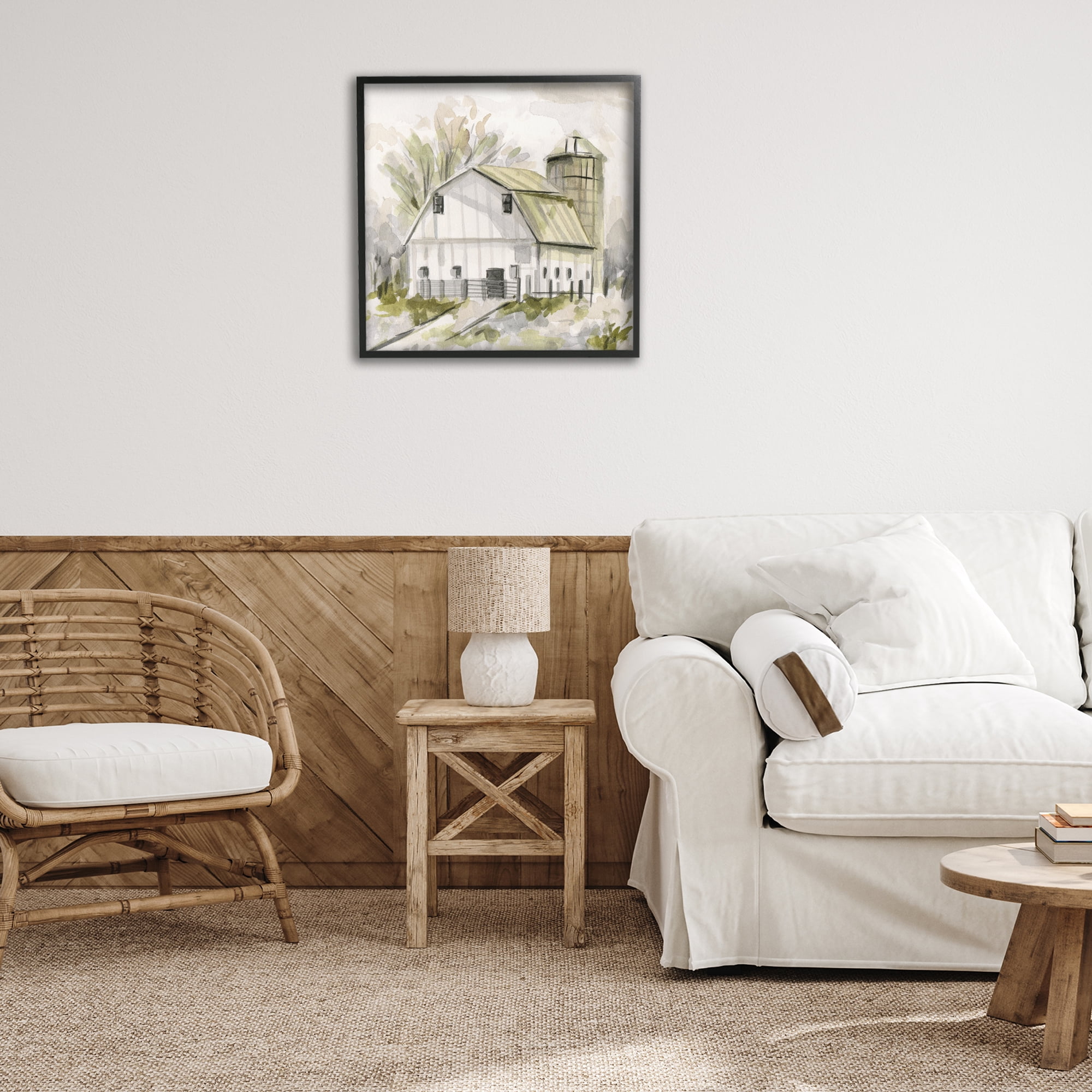 Stupell Industries Neutral Farmhouse Barn Scenery Painting Black Framed Art Print Wall Art, 24 x 24