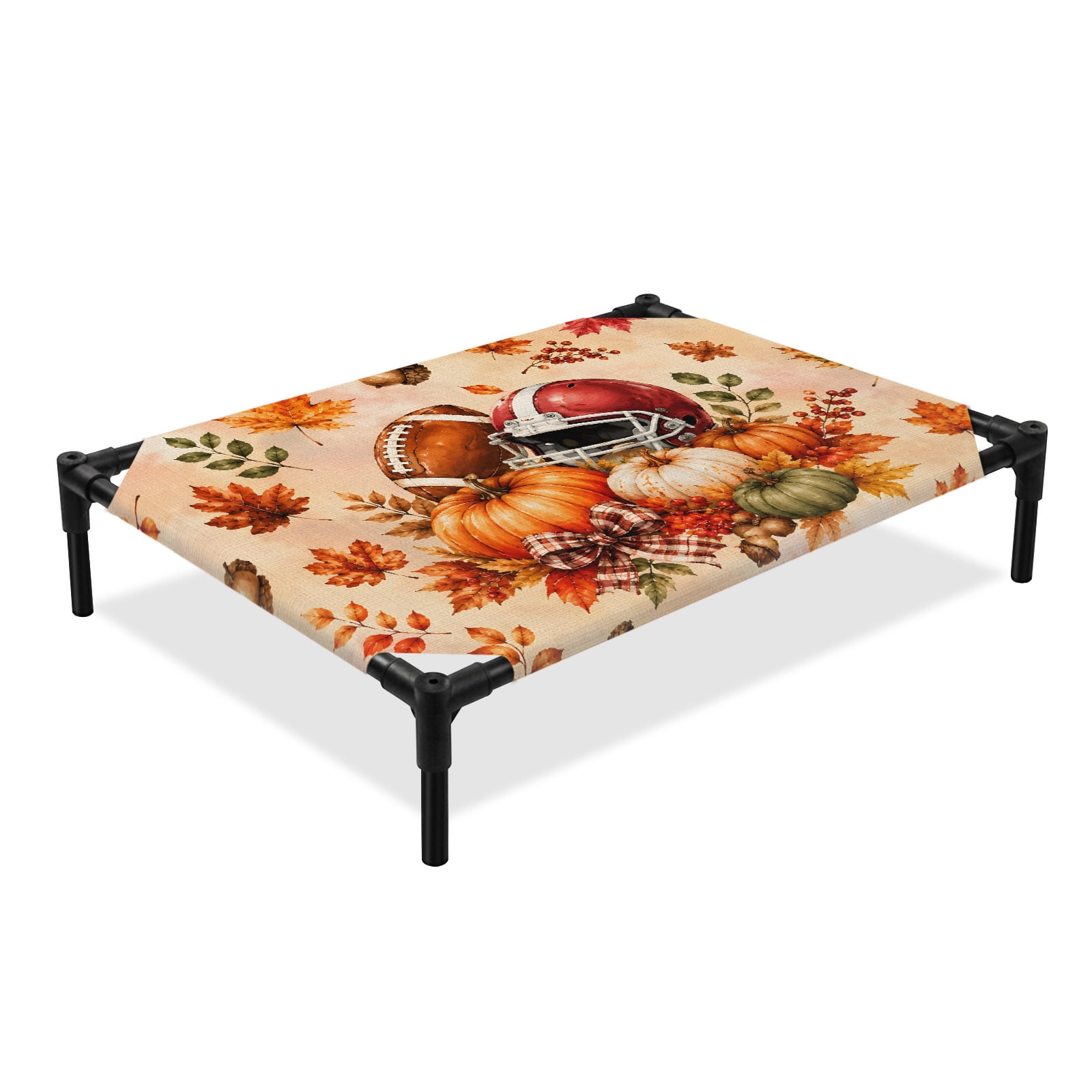 Fall Elevated Dog Bed Rustic Americana Orange Pumpkin Rugby Helmet Sport Leaves Cooling Breathable Outdoor Raised Dog Cot Bed with Metal Frame Non-Slip Feet for Large Dog 28x22in