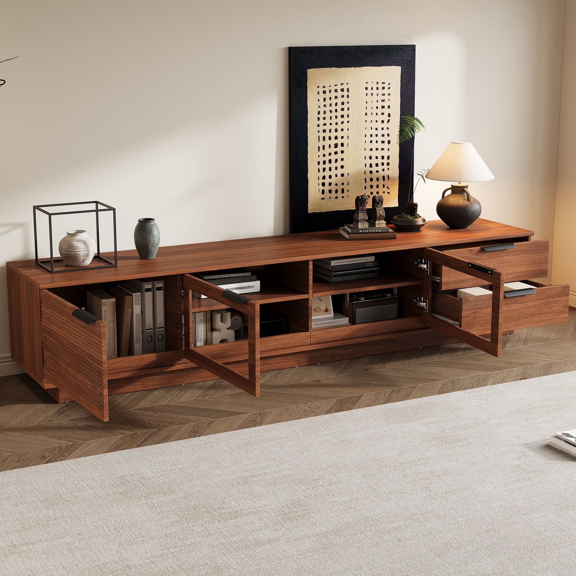TV Stand for TVs up to 85 Inch, Entertainment Center with Glass Doors & 2 Drawers, Media Console with Soft-Close Hinges & Cable Management for Living Room