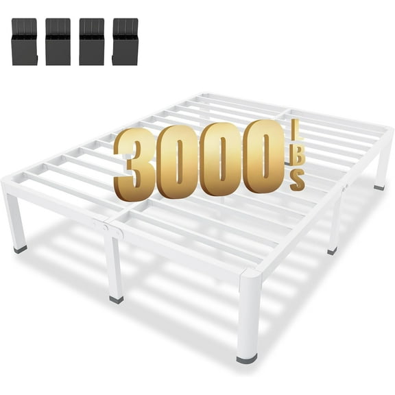 14 Inch Queen Metal Platform Bed Frame White with Round Corner Legs, 3000 LBS Heavy Duty Steel Slats Support, Noise Free, No Box Spring Needed, Easy Assembly