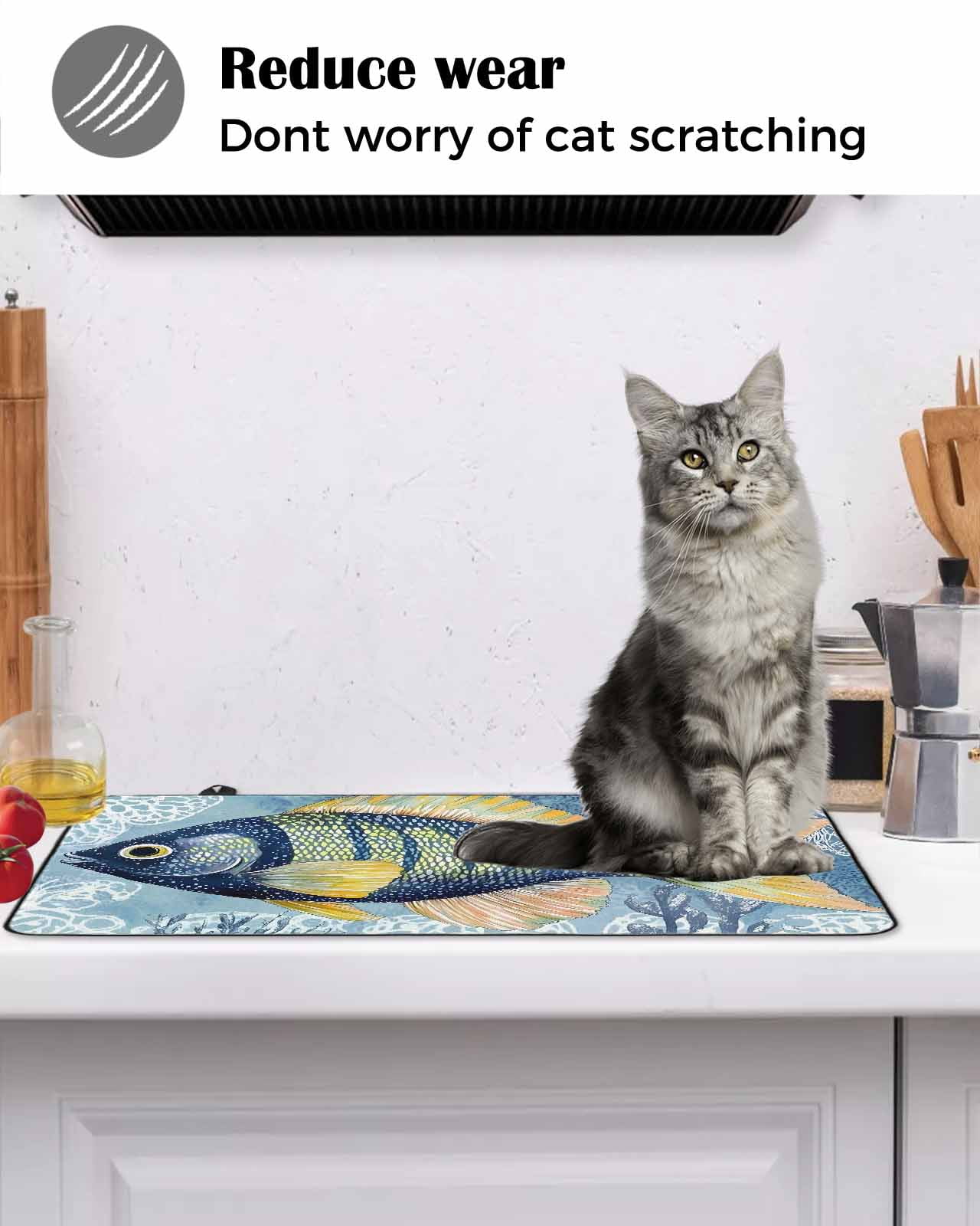 nqOlkjepod Large Induction Cooktop Protector Mat 24"x21", Blue Yellow Fish Stove Top Covers for Electric Stove, Summer Ocean Watercolor Coral Stove Burner Cover Mats, Glass Top Stove Cover