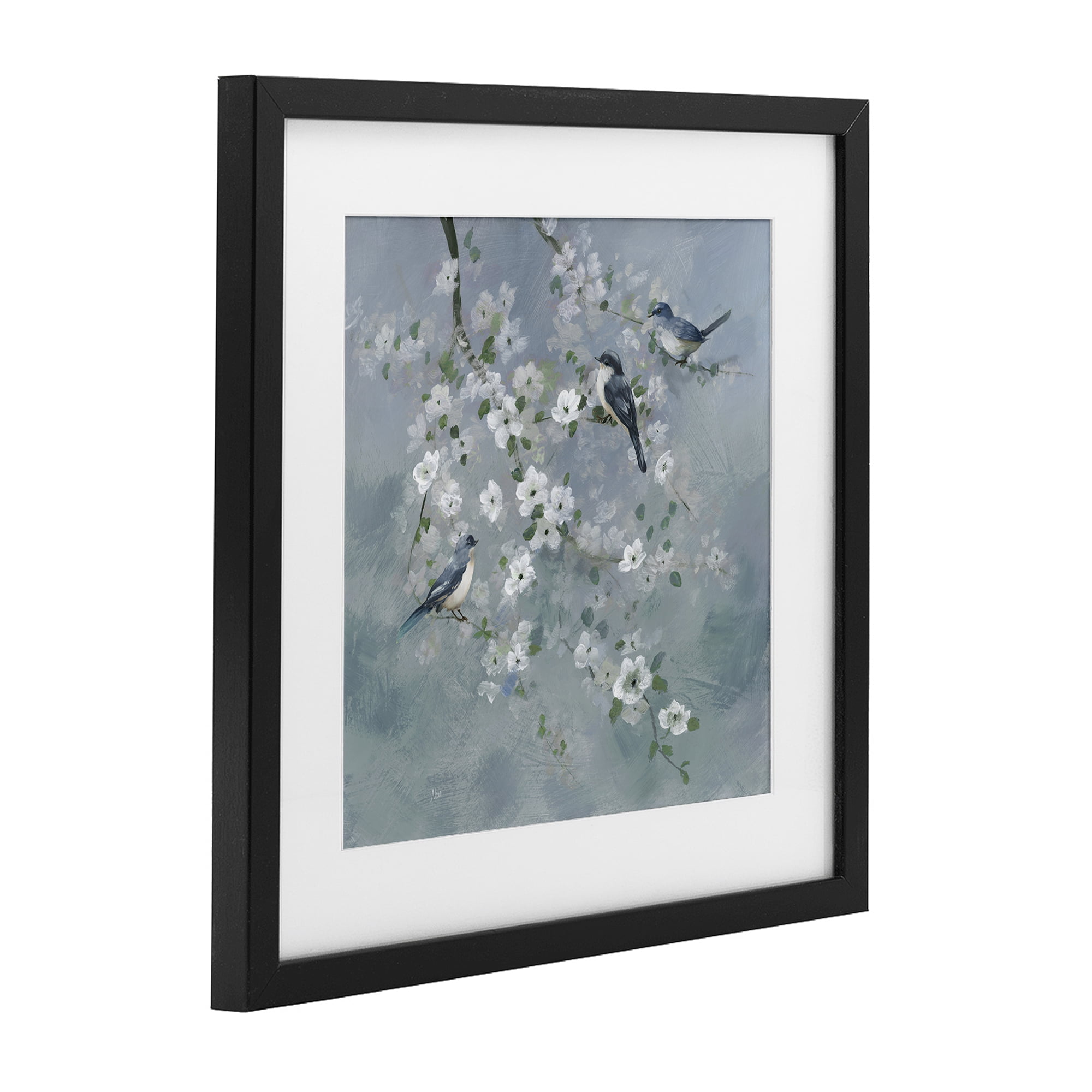 Stupell Industries Serene Birds on White Blooms Black Framed Print Under Glass, design by Nan