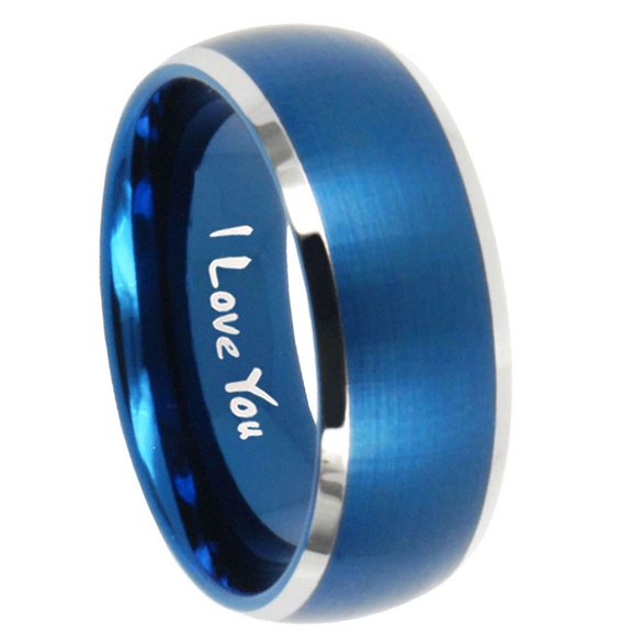 I love You Dome Brushed Finish Blue Tungsten Men Ring 10MM