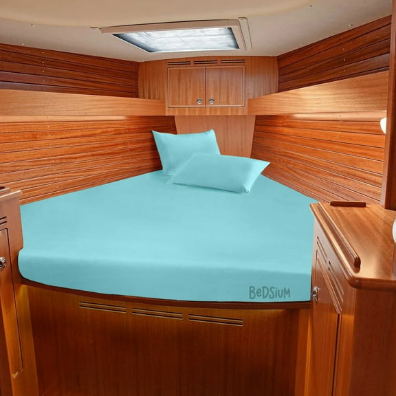 Universal V Berth 4 Piece Bed Sheet set for Boat 600 TC Egyptian Cotton Aqua Blue Solid Fits mattress from 6” to 8" Inch Deep Pocket, Durable & Easy Washable