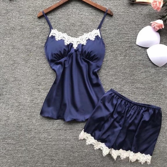 LIZUOJUN Pajamas For Women Set Lace Satin Camisole Tops 2 Piece Sleepwear Summer Shorts Soft Smooth Lightweight Breathable Comfortable Loungewear Home Pajamas - L