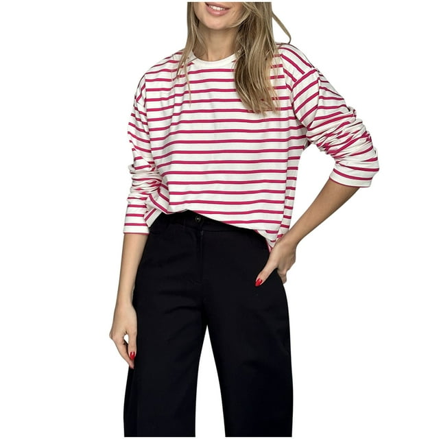 Besolor T-Shirts à Rayures à Manches Longues pour Femmes, Basiques et Décontractés, Col Ras du Cou, T-Shirts pour Femmes, Tuniques Légères d'Automne
