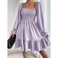 thumbnail image 5 of Women'S Square Neck Lantern Long Sleeve Ruffle Shirred Flowy Party Mini Dress Purple L, 5 of 8