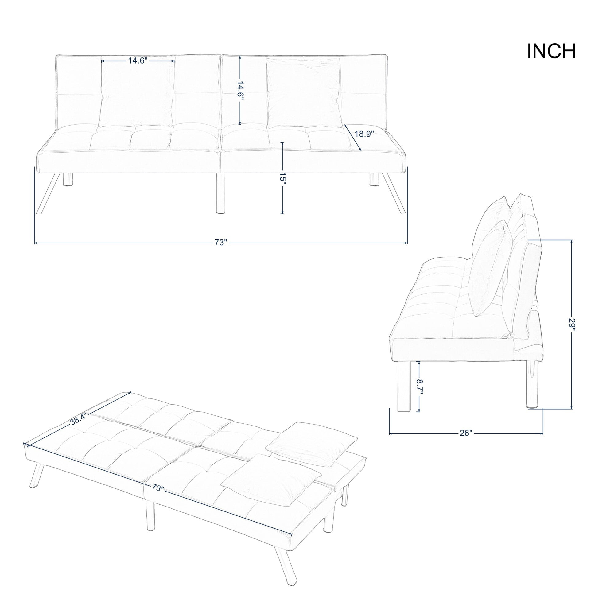 DEALTOPS 73" Convertible Futon Sofa Bed, 5-Angle Split-Back Sleeper with 2 Pillows for Small Spaces, Dusty Rose