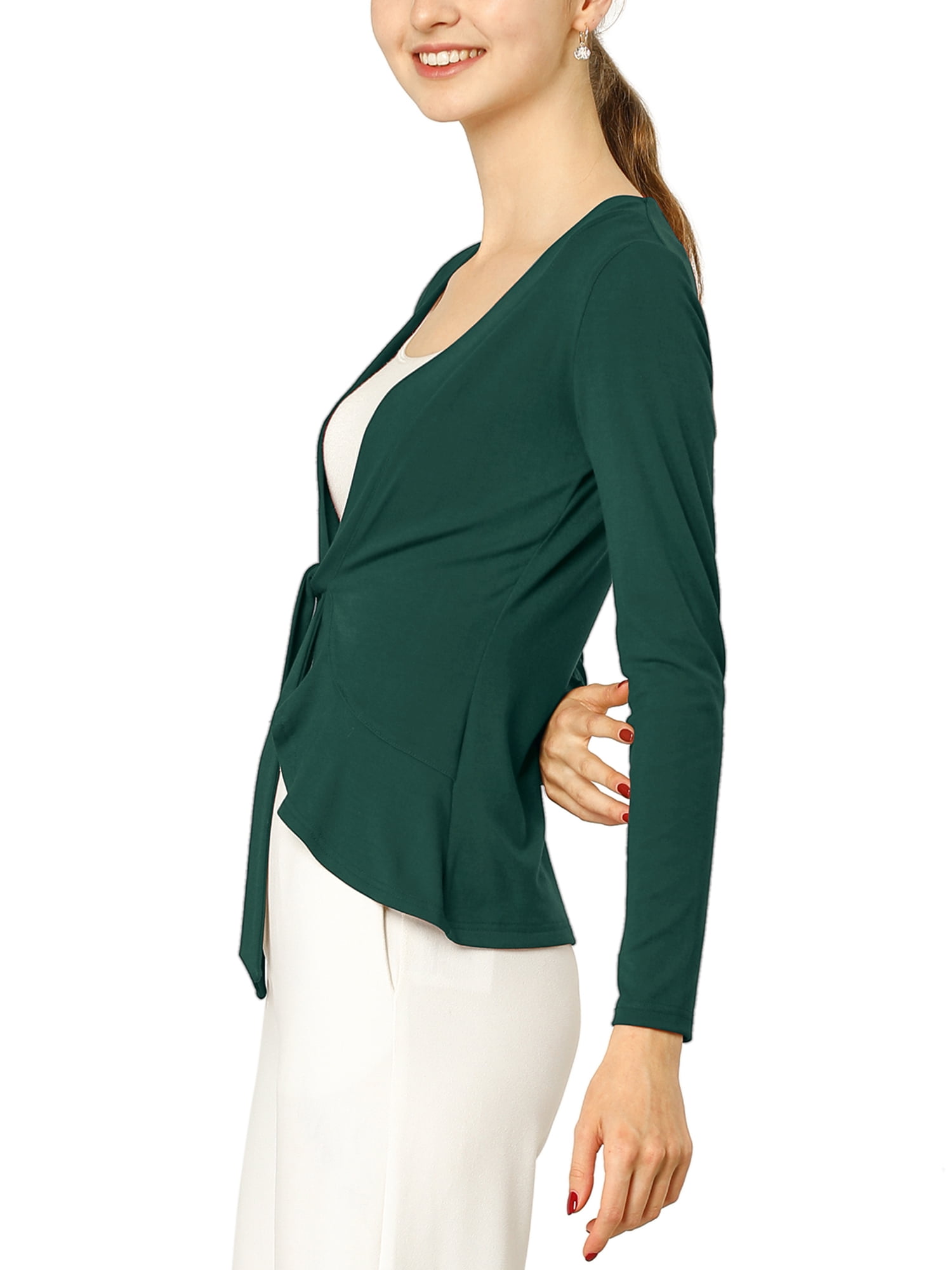 DARING DIVA Women's Tie Front Ruffled Hem Crop Knit Cardigan S Green