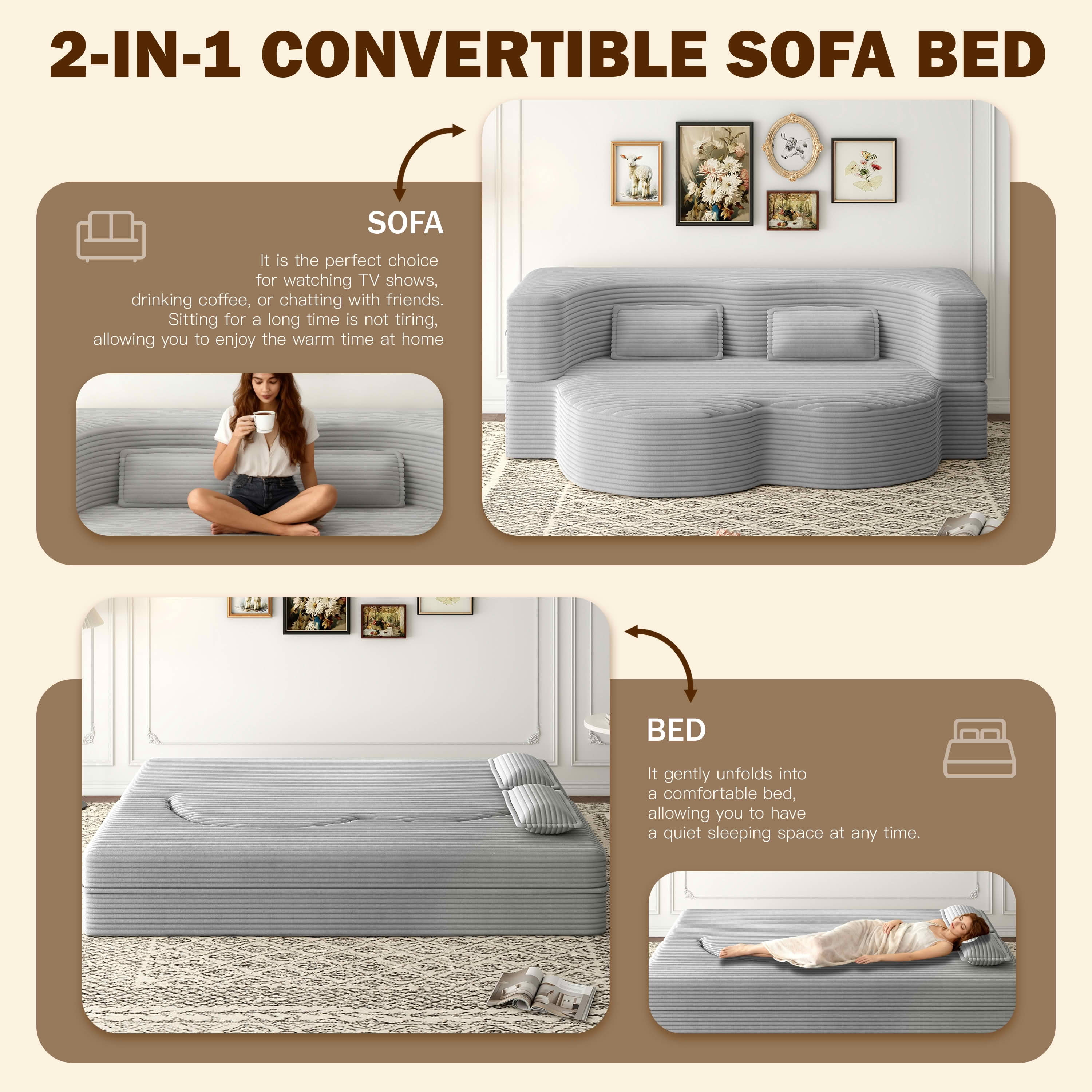MAYEERTY Vacuum Compressed Corduroy Foldable Foam Sofa Bed, Full Size Zero Assembly Floor Sleeper with 2 Pillows
