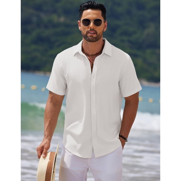 COOFANDY Men's Linen Beach Casual Shirts Button Down Short Sleeve Shirt Summer Wedding Shirt Slim Fit Shirts