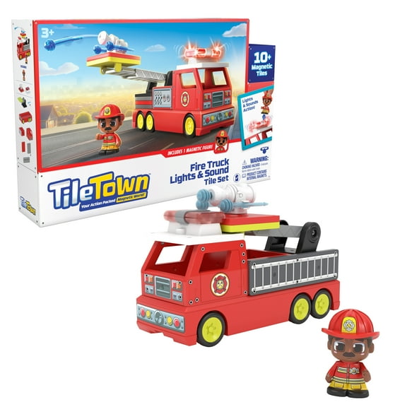 Tile Town Firetruck Magnetic Tiles Building Vehicle Playset With Lights & Sounds   Figure, Kids 3 