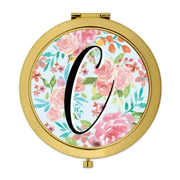 Koyal Wholesale Compact Mirror Bridesmaid's Wedding Gift, Gold, Monogram Letter C, Tea Party Pink Floral Flowers, 1-Pack