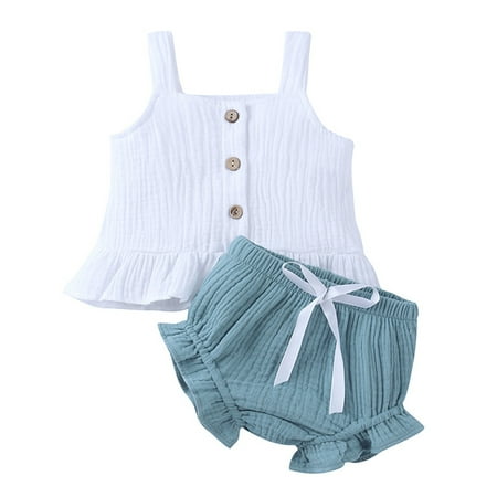 

Sweatsuit Set Baby Girls Cotton Linen Summer Ruffled Strap Sleeveless T Shirt Tops Shorts Set Outfits New Born Close for Girl
