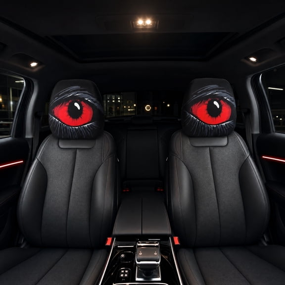 2pc Red Eye Car Headrest Covers, Spooky Halloween Car Decor Accessories, Universal Fit Auto Interior Decoration for Truck SUV, Funny Monster Design, Durable Polyester