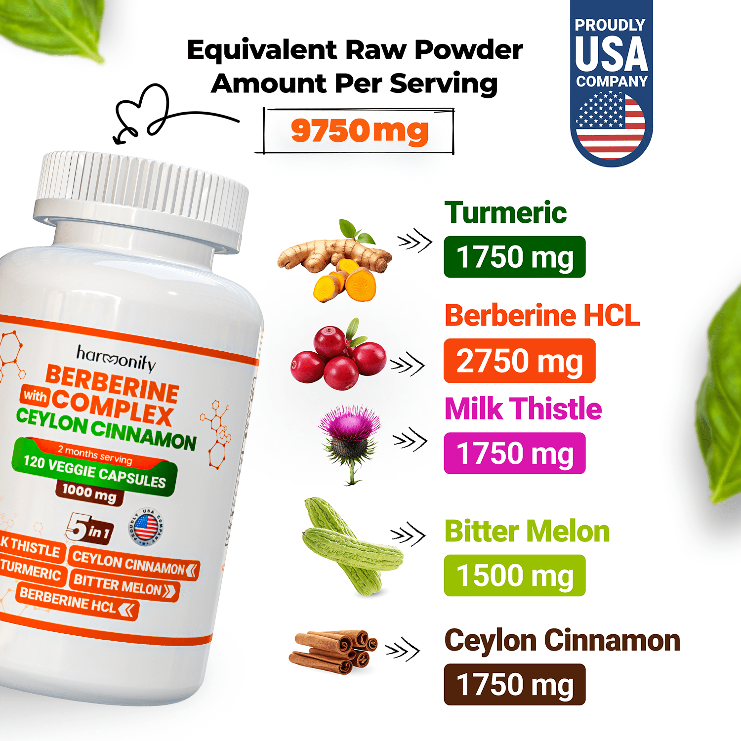 HARMONIFY Berberine with Ceylon Cinnamon, Pure Turmeric, Milk Thistle Bitter Melon, 5 in 1 Formula, 120 Purified Veggie Capsule 1000 Mg | Gluten Free, Non-Gmo