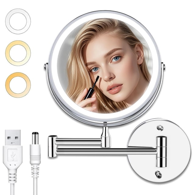 JZZB Espejo de Tocador de Maquillaje Iluminado Montado en la Pared de 8.5 Pulgadas,Espejo de Aumento Double Sided 1X/5X,Luces LED Regulables,3 Modos de Color,Carga USB,Brazo Plegable, 360° Rot