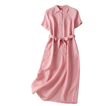 Ygbgbb Womens Cotton Linen Summer Dresses Bow Tie Waist Pleated Flowy Casual Dress Short Sleeve Dresses Button Collared Neck Maxi Dress Solid Color with Pockets Pink L