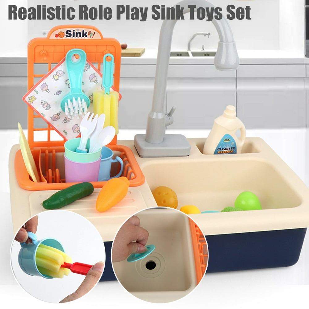 Play Sink with Running Water, Kids Play Kitchen Toy Sink Electronic Dishwasher, Pretend Role