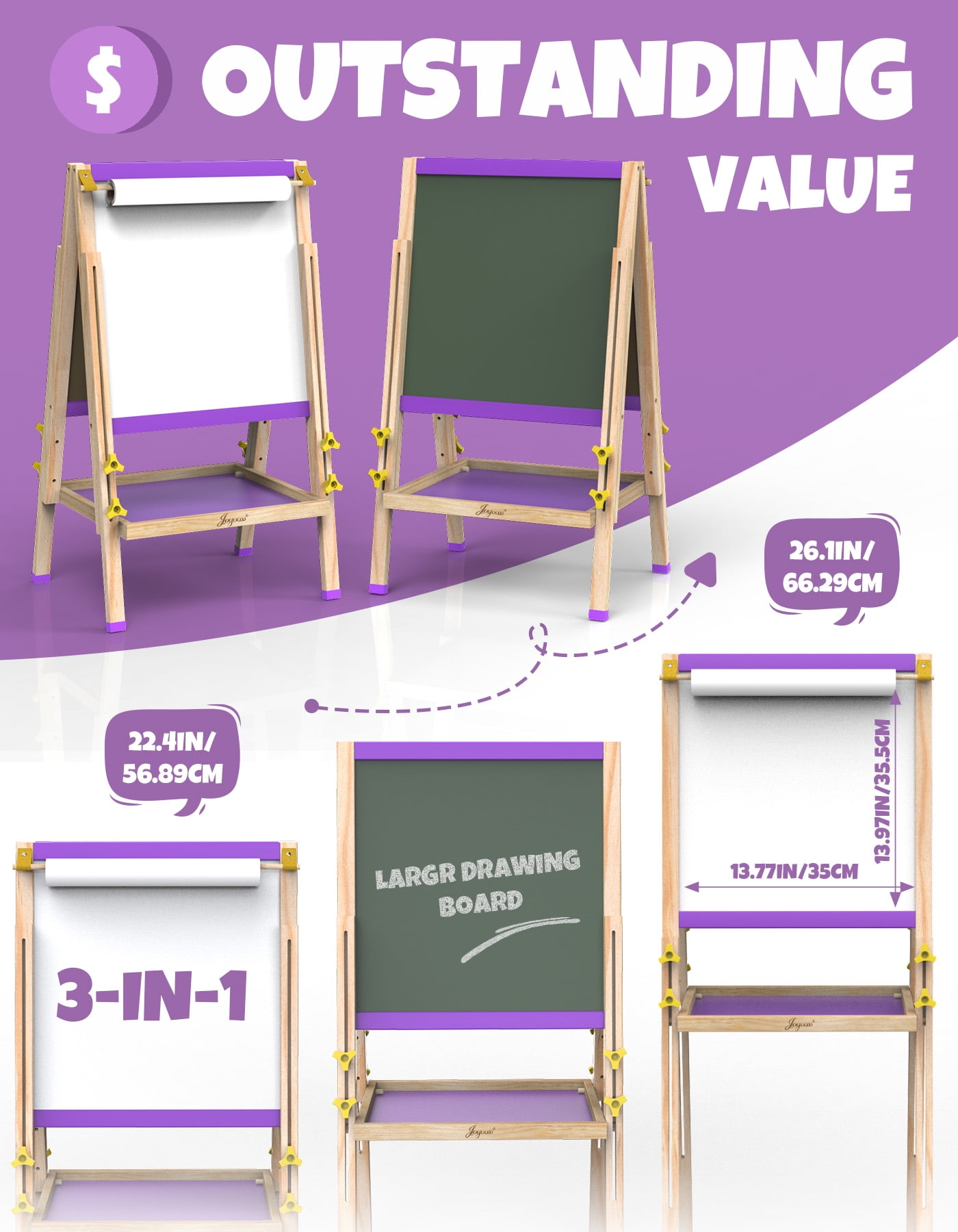 JOYOOSS 25.2 in - 37 in Adjustable Wood Children's Art Easels with Drawing Paper, Chalk, Markers, Erasers, and Magnetic Letters
