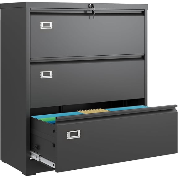 3 Drawer Lateral File Cabinet for Home Office, Assembly Required | Metal Filing Cabinet with Lock for Letter/Legal/F4/A4 Size, Wide Organization Storage Cabinet, Black