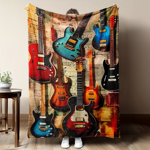 Vintage Guitar Music Note Flannel Throw Blanket - Soft Cozy All-Season Blanket for Sofa Bed Office - Tear-Resistant Hypoallergenic Gift for Valentine's Day Mother's Day