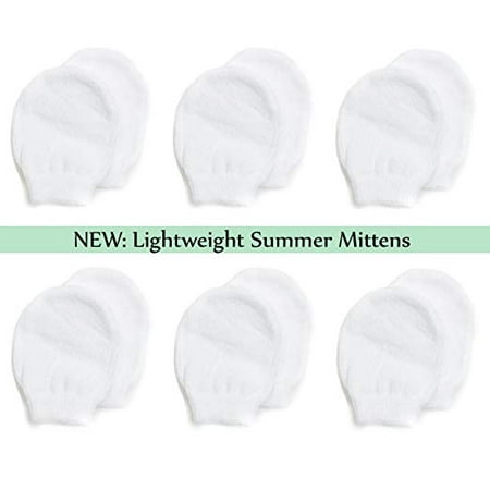 Lightweight Summer Mittens for Newborns by Nurses Choice (6 Pairs of White Cotton No Scratch