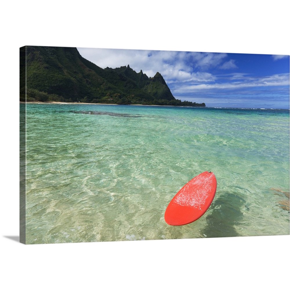 Great BIG Canvas "Hawaii, Kauai, Haena Beach, Red Surfboard Floating