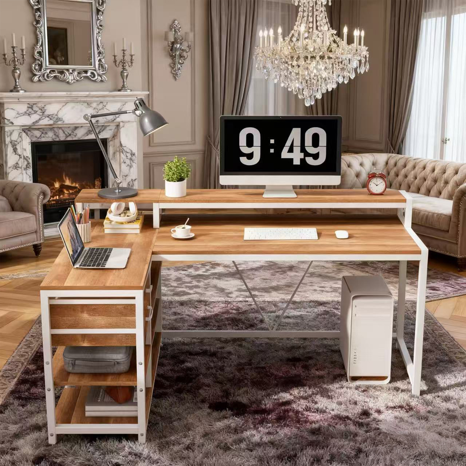 55" x 24" L Shaped Corner Desk With Drawers, Storage Shelves & Monitor Stand, Oak Home Office Gaming Study Computer Table For Small Space