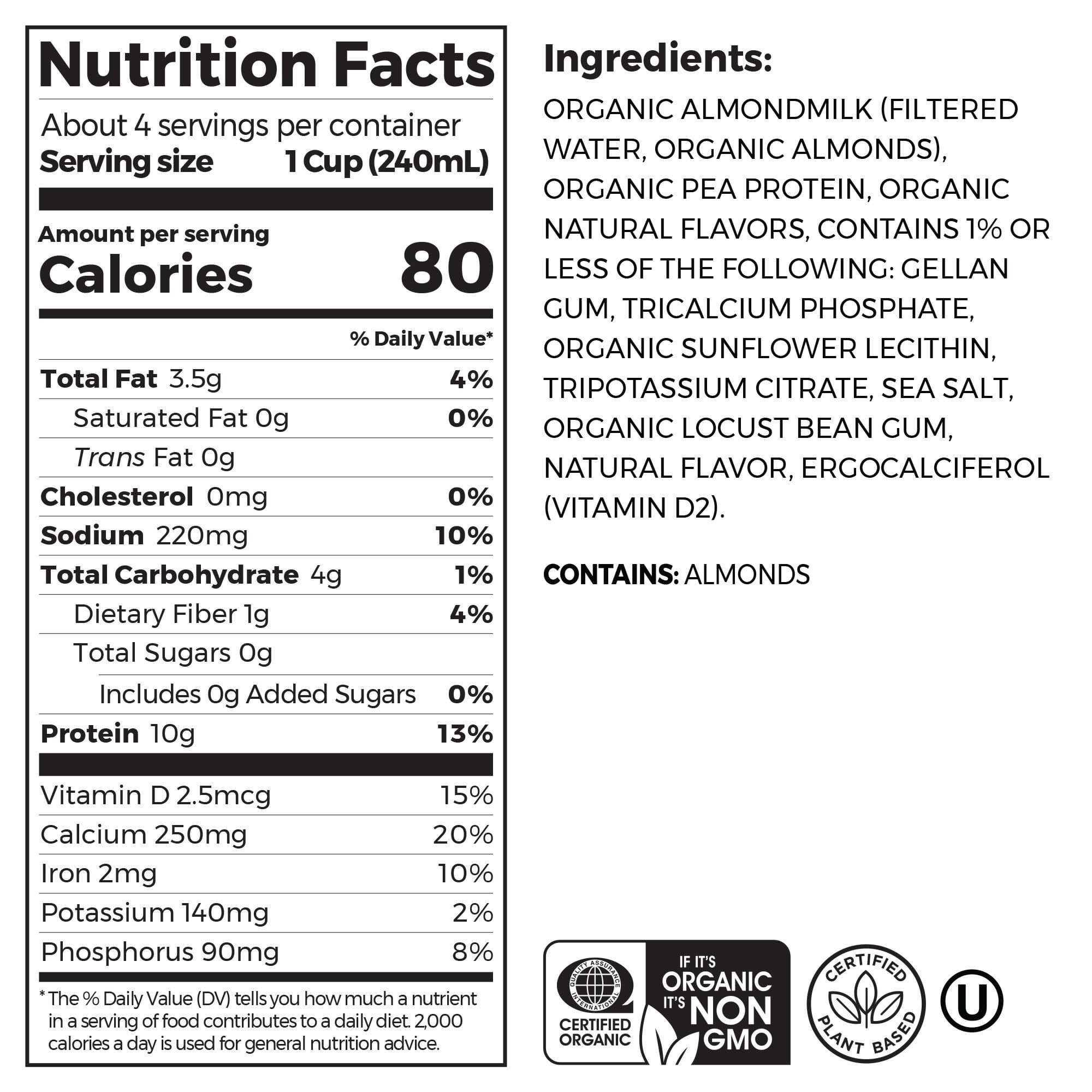 (4 pack) Orgain Organic 10g Plant Based Protein Almondmilk, Unsweetened Vanilla 32oz, 1ct