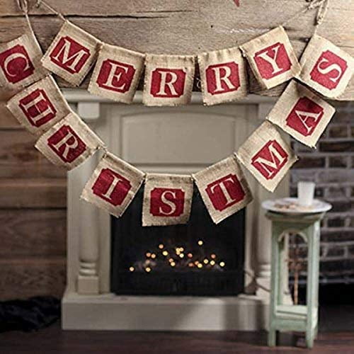 New Merry Christmas Jute Burlap Banner Xmas Party Ornaments Fireplace Home Decor 