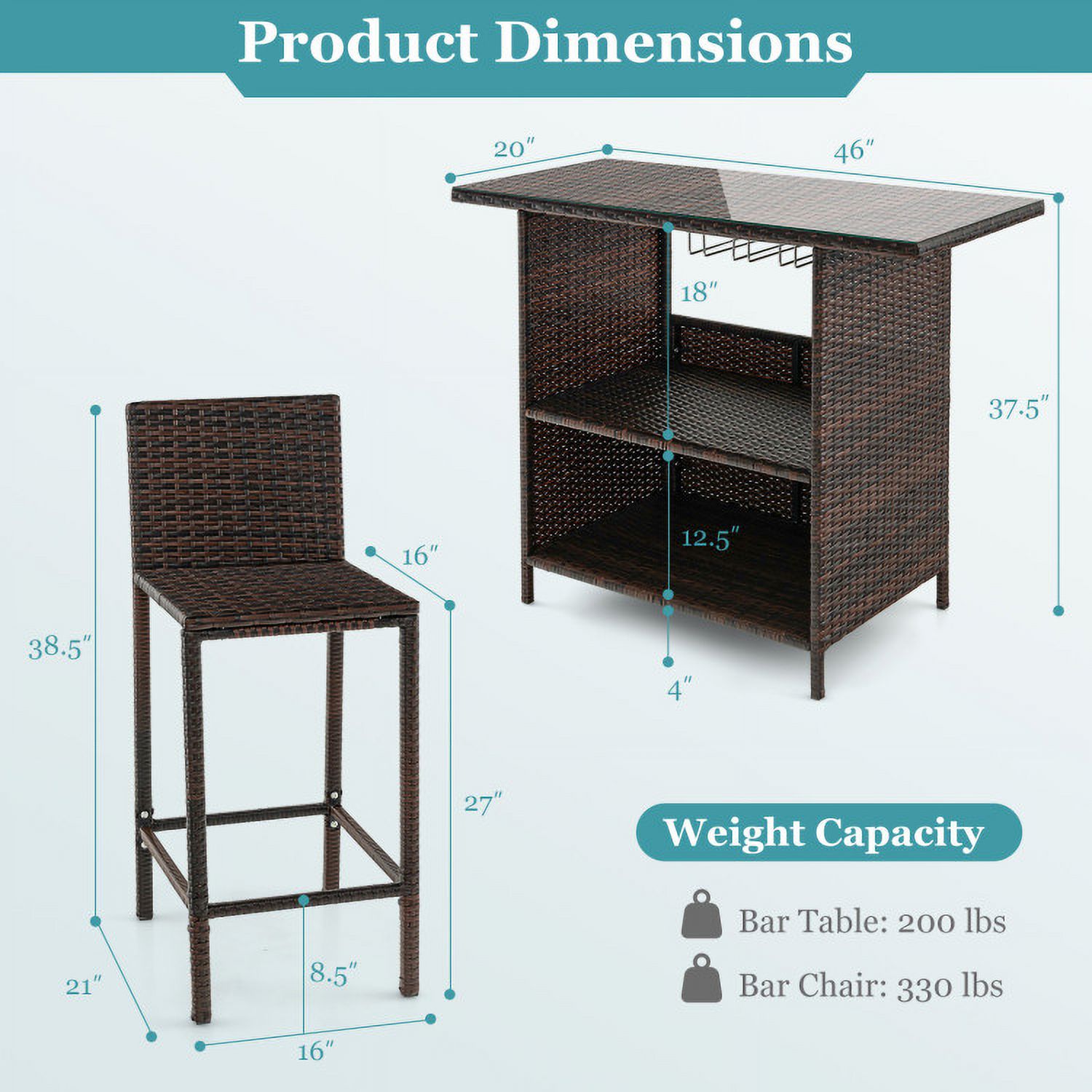 Aimee Lii 3 Pieces Outdoor Wicker Bar Set with 3 Rows Stemware Racks, Outdoor Patio Furniture