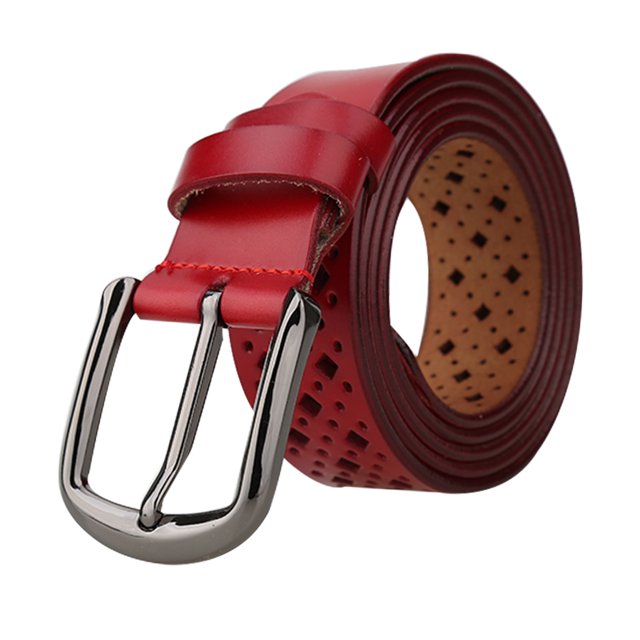 INSPIRE CHIC Unisex Hollow Leather Belts Rectangle Pattern Width 1 1/4' Red 125cm