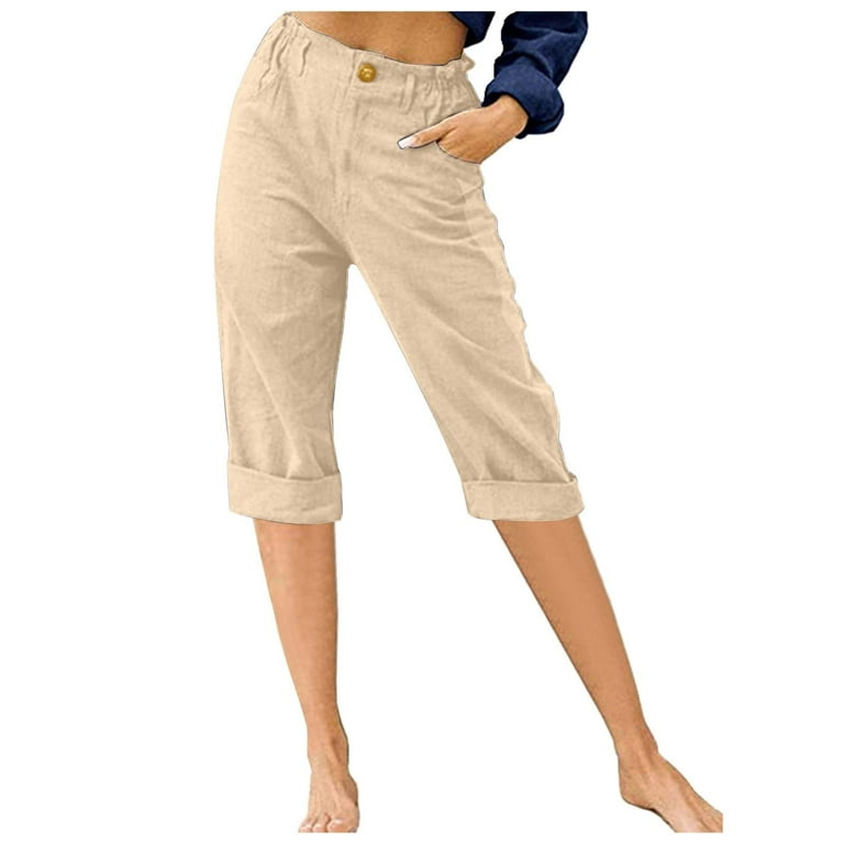 QUYUON Women's Capris Pants Casual Summer High Waisted Capris with Belt  Loops Ladies Capris with Pockets Loose Straight Leg Cropped Pants  Lightweight Capris Cozy Capris, Style P354 Beige L 