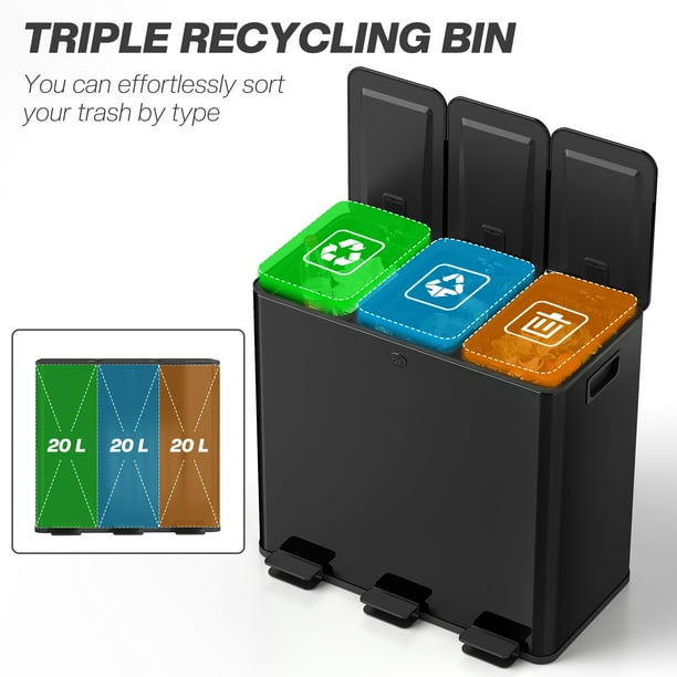 HOMCOM Triple Trash Can, 3 x 20L Garbage Can with Soft Close Lid