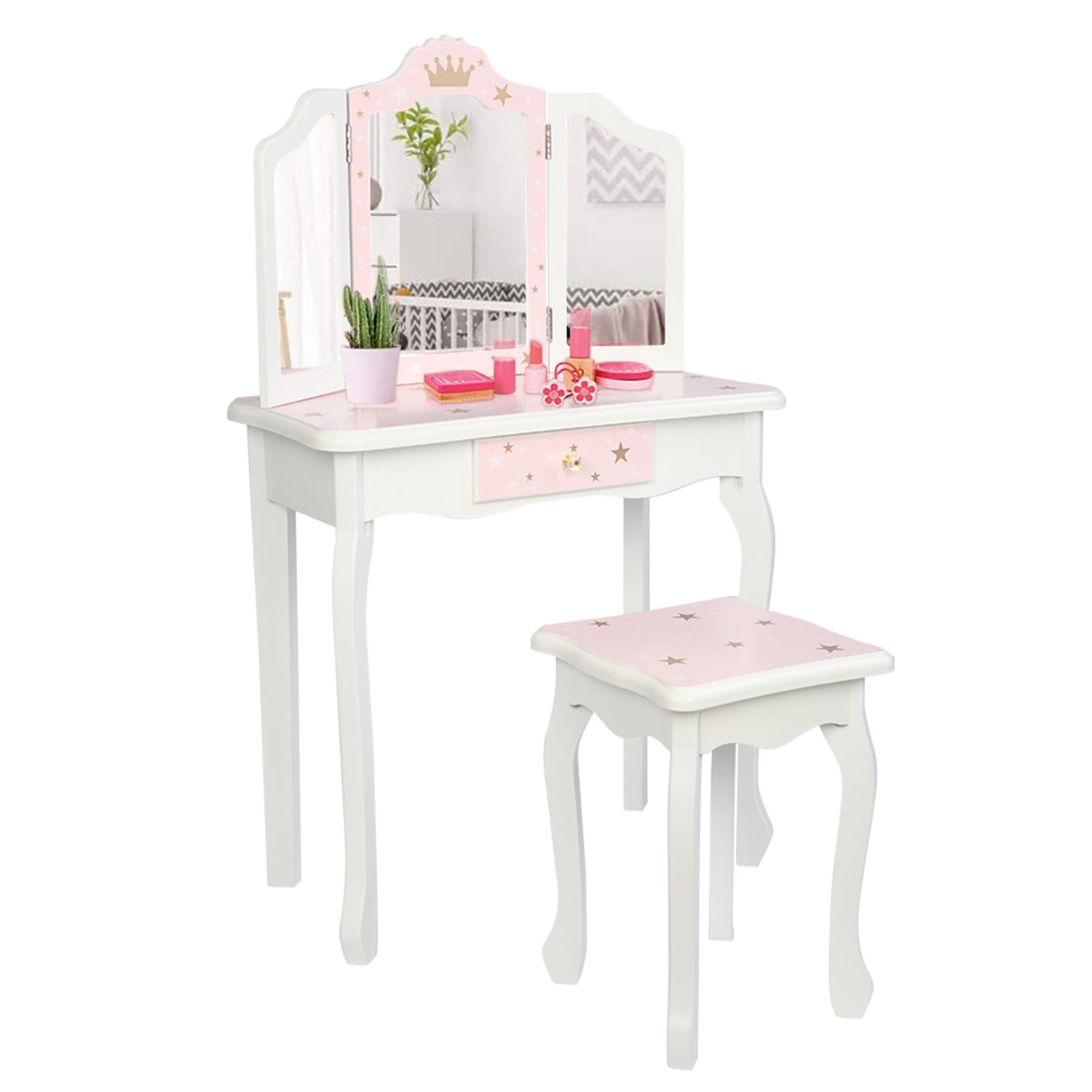 Girls Dressing Table With Stool And Mirror Heart Shape Design And Crystal Knobs Childrens White Wooden Makeup Dressing Table With 3 Drawers Small Kids Vanity Table Ideal For Girls 3 7 Years Furniture