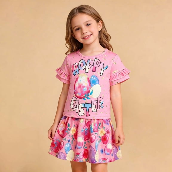 HAYIMI Kids Easter Bunny Egg Print Girls 2 Piece Outfit Sets Fashion Ribbon Bowknot Blouse With Lace Trim And Pleated Skirt Cute Child O-Neck Clothes Sets