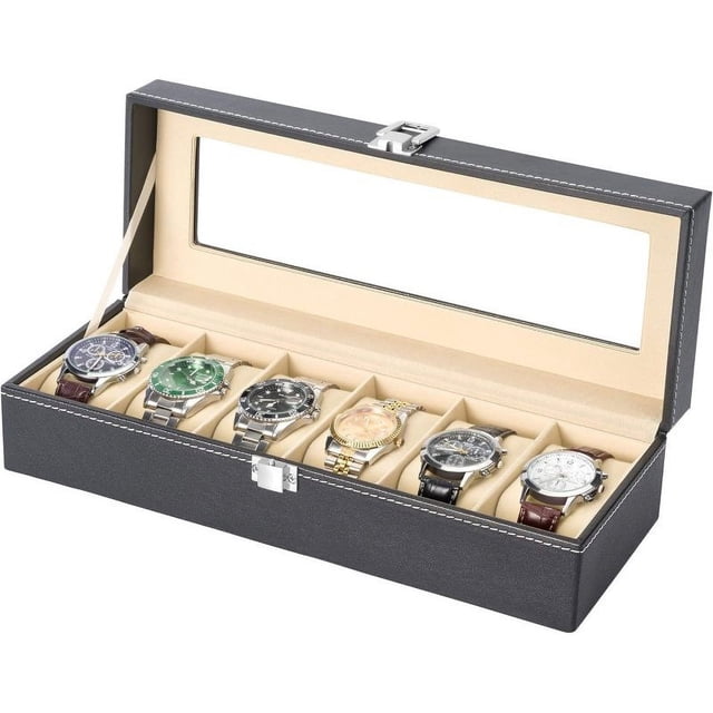 Caja de reloj de cuero PU con 6 ranuras, estuche de exposición, organizador de joyas con tapa de cristal con almohada suave, caja de reloj con ventana Visible