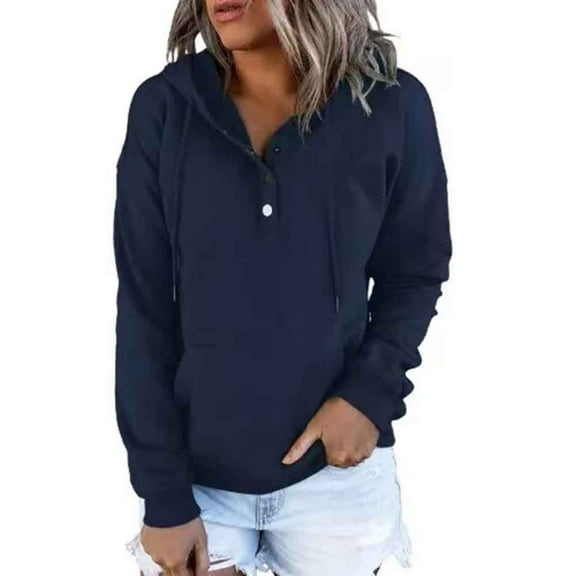 QUYUON Women Button up Sweatshirts Winter Long Sleeve Shirts Hooded Sweatshirt Casual Button V Neck Hoodies Pullover Tops Solid Drawstring Pockets Fall Sweatshirts Sweater Coat Navy XXL