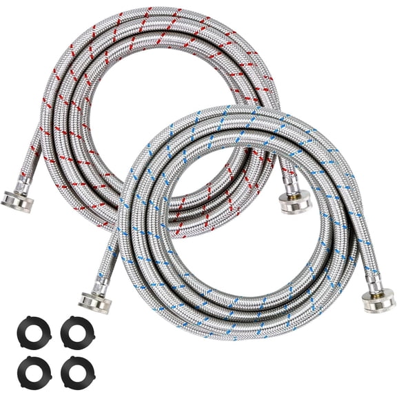 15ft LONG Washing Machine Hoses UPGRADE by - Braided Stainless Steel Washer Hoses - Hot and Cold Water Lines 3/4'' Standard Interface -Burst Proof Leak Free Hose (2 Pack) - 10  GUARANTEE