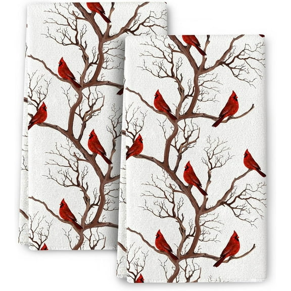 Cukemip Winter Birds Cardinal Christmas Decor Kitchen Dish Towels Set of 2, Ultra Soft Absorbent Tea Towels Hand Drying Baking Cooking Cloth for Kitchen Decor
