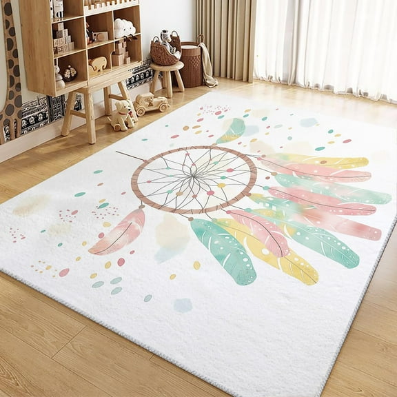 Living Room Area Rugs, Simple Fantasy Dream Catcher Printed Carpet, White Washable Rectangle Rug, Soft Low-Pile Carpet For Bedroom Dining Room Non-Slip Rug
