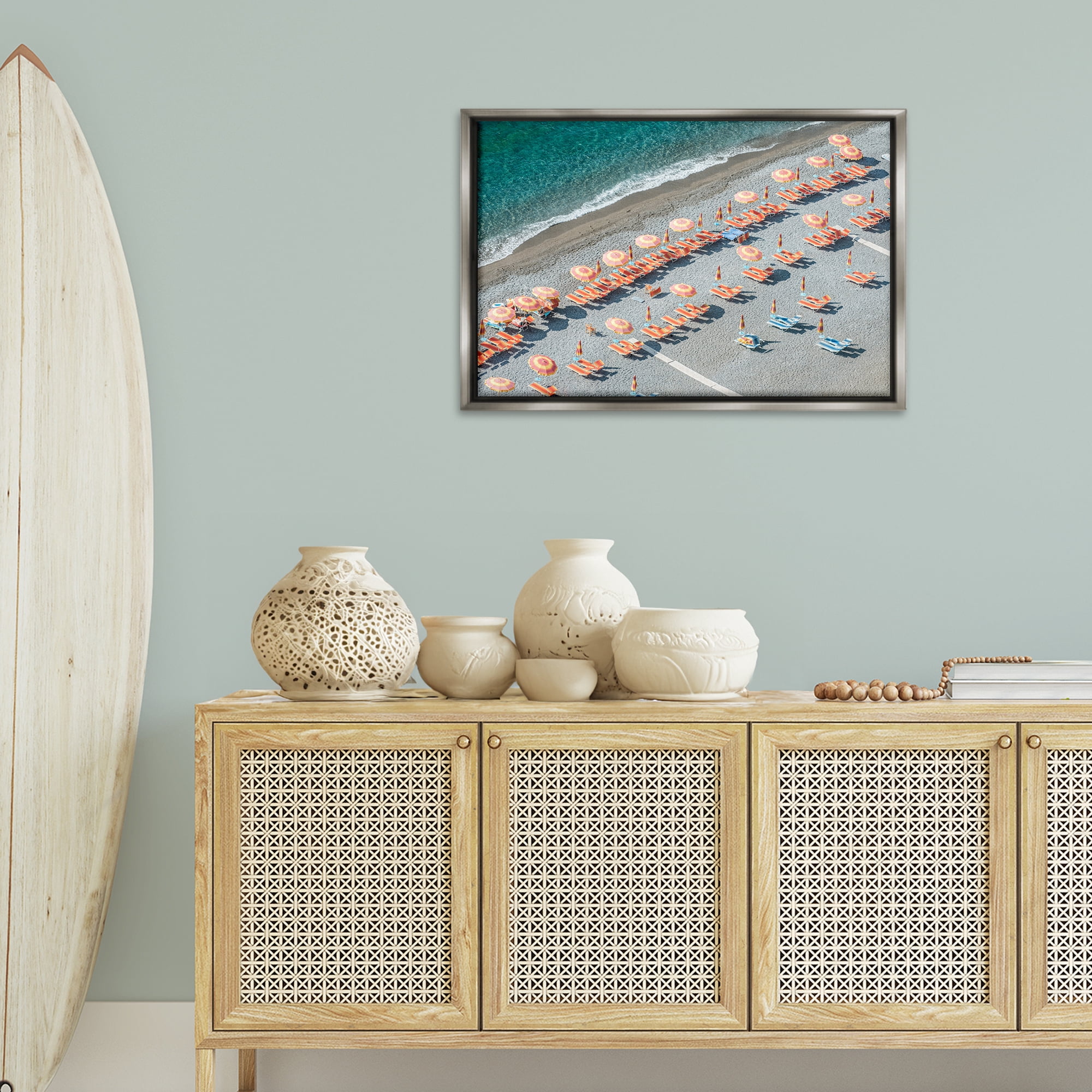 Stupell Industries High Tide Beach Umbrellas Landscape Painting Gray Floater Framed Canvas Art Print Wall Art, 31 x 21