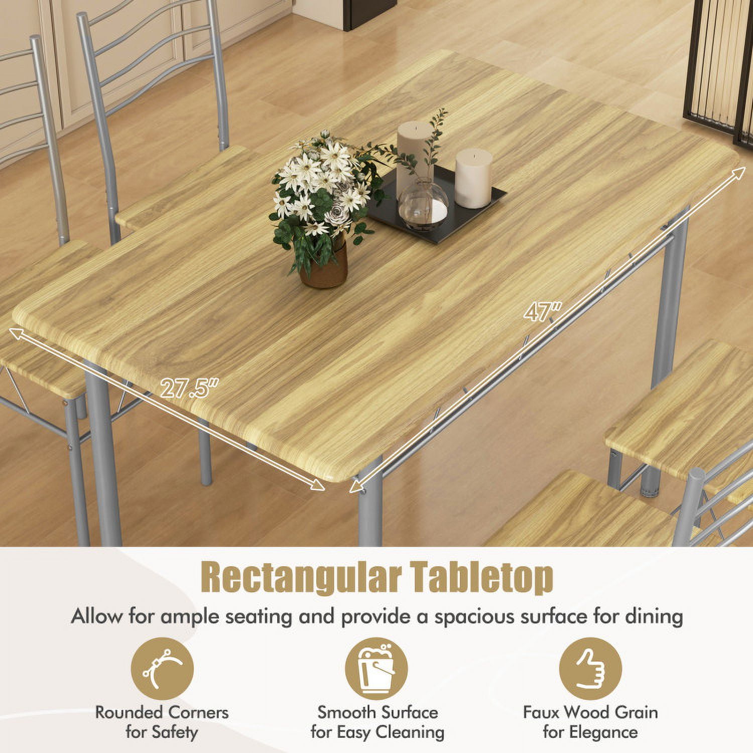 Finihen Dining Set, Dining Table Set, 5 Pieces Wood Metal Dining Table Set with 4 Chairs-Walnut, for Home, Restaurant, Walnut Finihen Dining Set, Dining Table Set, 5 Pieces Wood Metal Dining Table Set with 4 Chairs-Walnut, for Home, Restaurant, Walnut