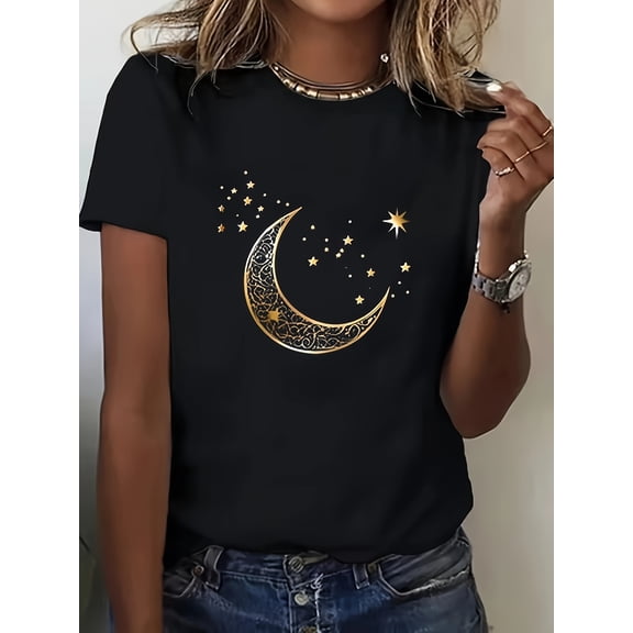 Women's Gold Crescent Moon and Stars Graphic Tee, Boho Celestial Print Short Sleeve Crew Neck T-Shirt, Casual Soft Everyday Summer Top, Available in Plus Sizes