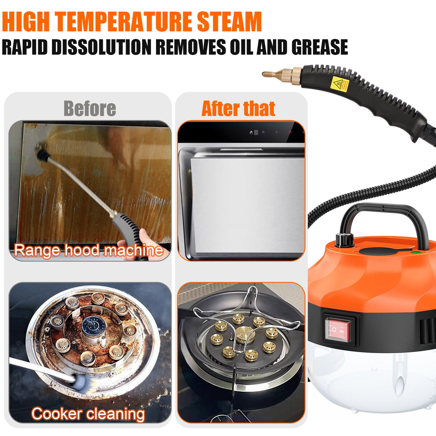 Audessy High Pressure Steam Cleaner, 1500W Portable Handheld High Temperature Steam Cleaner for Clean Range Hoods, Air Conditioners, Refrigerators, Stoves, Car Engines, Orange