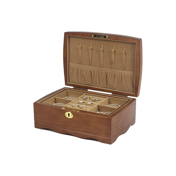 Wooden Jewelry Box with Lock & Key for Women, Medium Size Real Natural Wood Lockable Antique Organizer with Large Storage, Big Ring Compartments, Built in Necklace Hooks, Brown