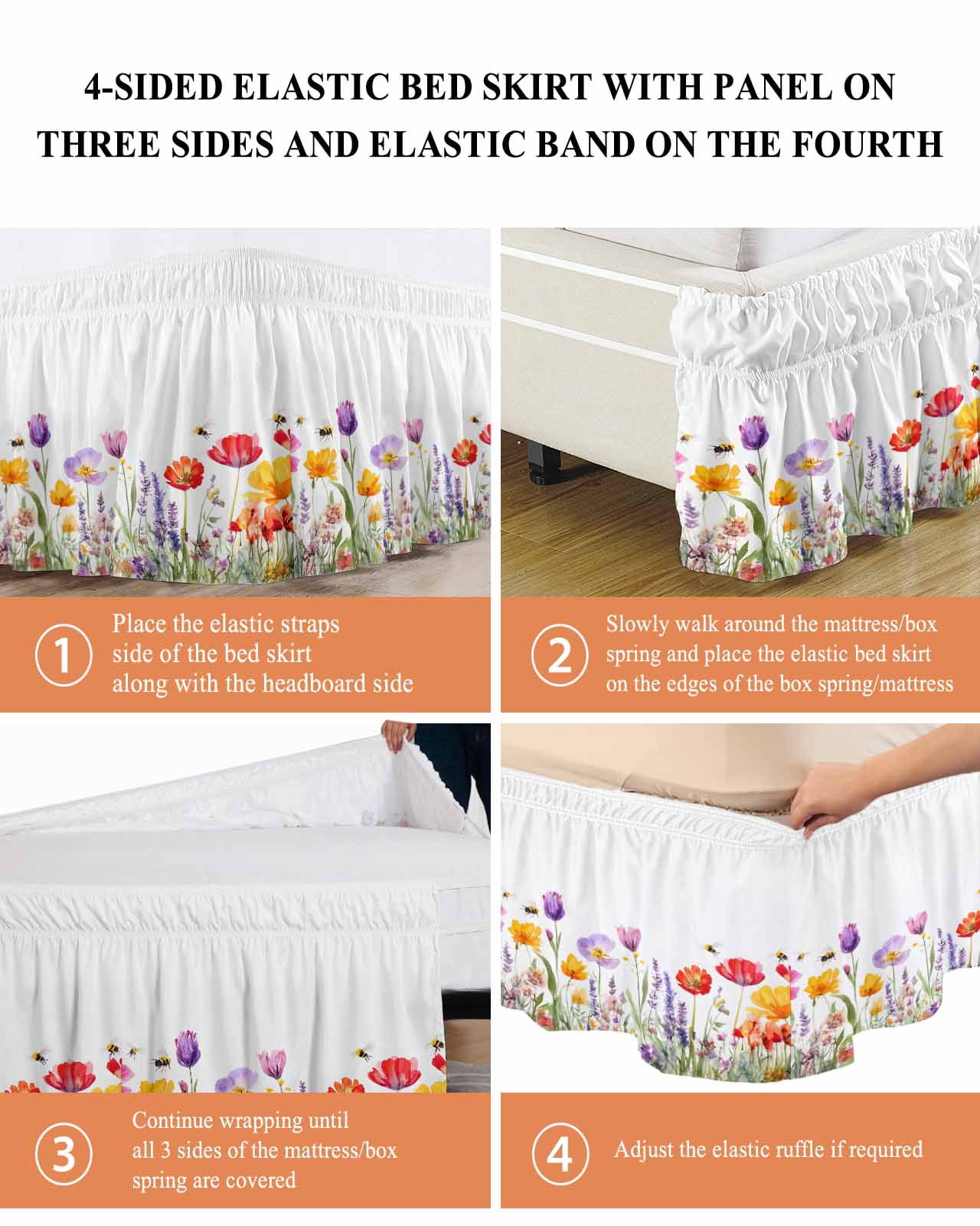 Colorful Flowers Ruffle Bed Skirt Queen Size Spring Floral Adjustable Elastic Dust Bed Skirts Wrap Around Bedskirt Wrinkle Free Easy Fit with 16 Inch Drop