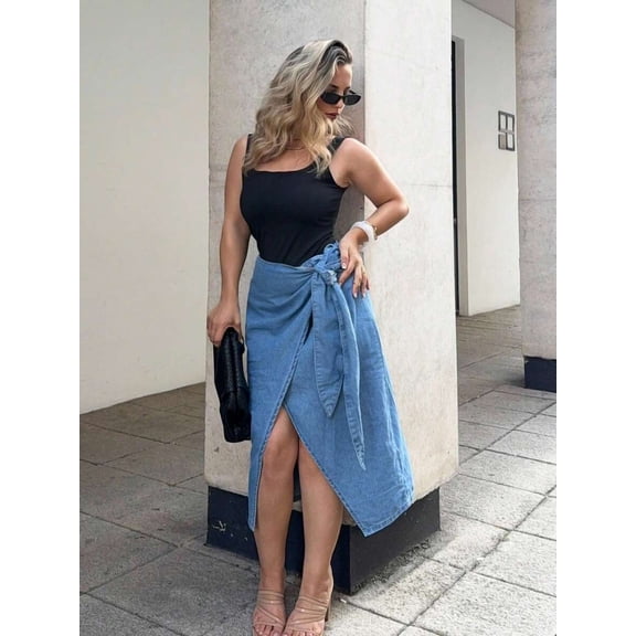 Womens Medium Wash Denim Wrap Skirt, Mid-Length Casual Style