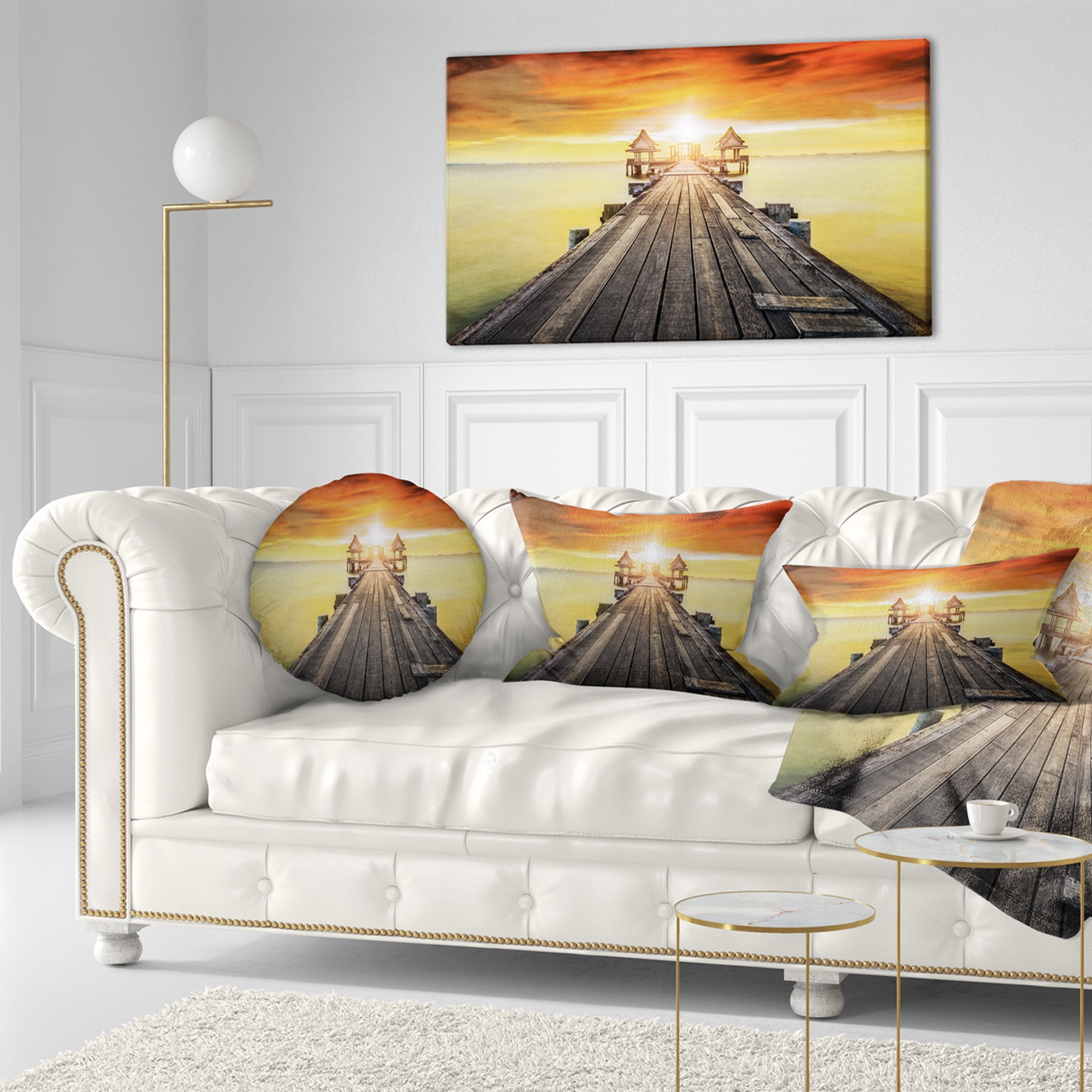 Designart Huge Wooden Pier into Yellow Sun - Pier Seascape Throw Pillow - 12x20